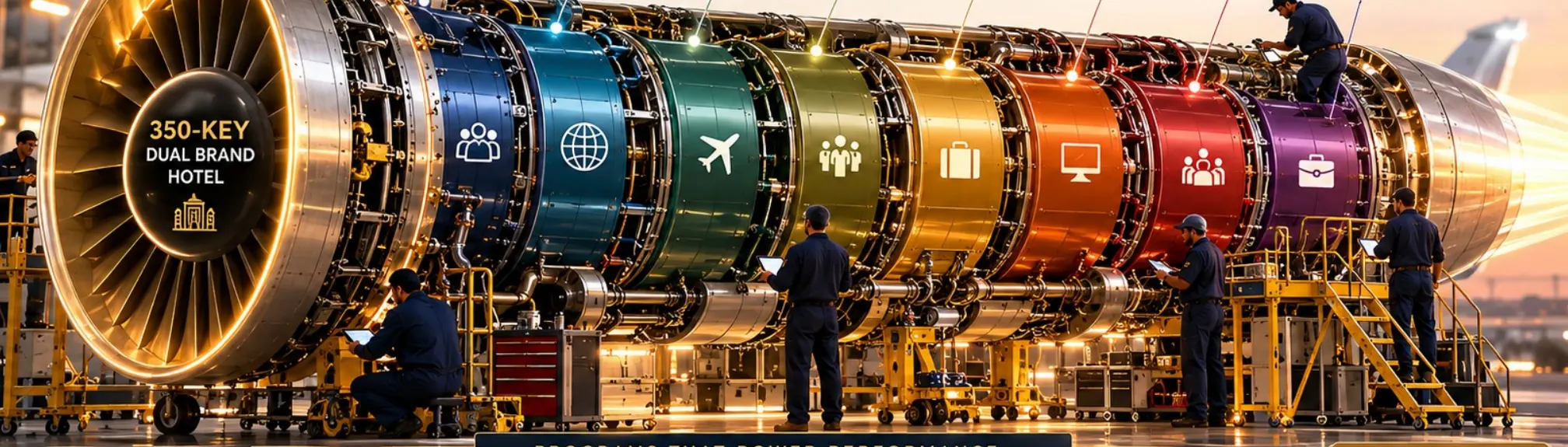 A jet engine illustration with eight coloured sections representing demand channels
