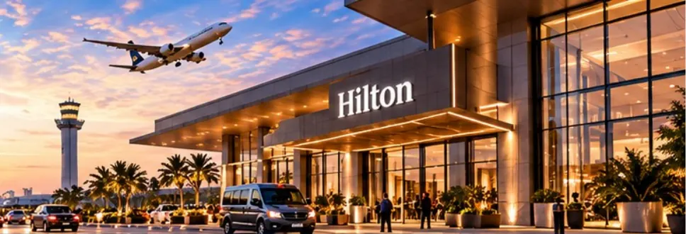 A Hilton airport hotel entrance at sunset