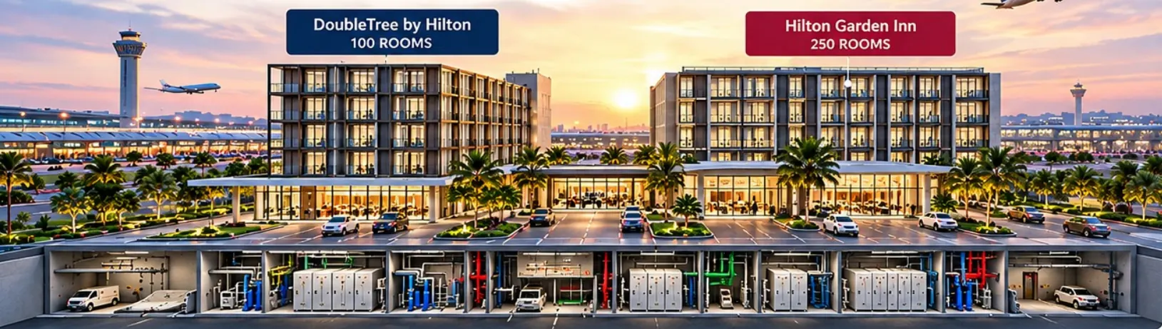Cutaway rendering of the hotels showing MEP plant