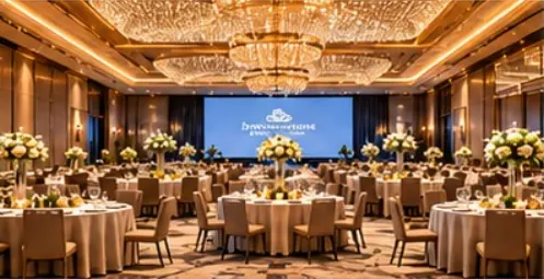 Grand ballroom set for a banquet
