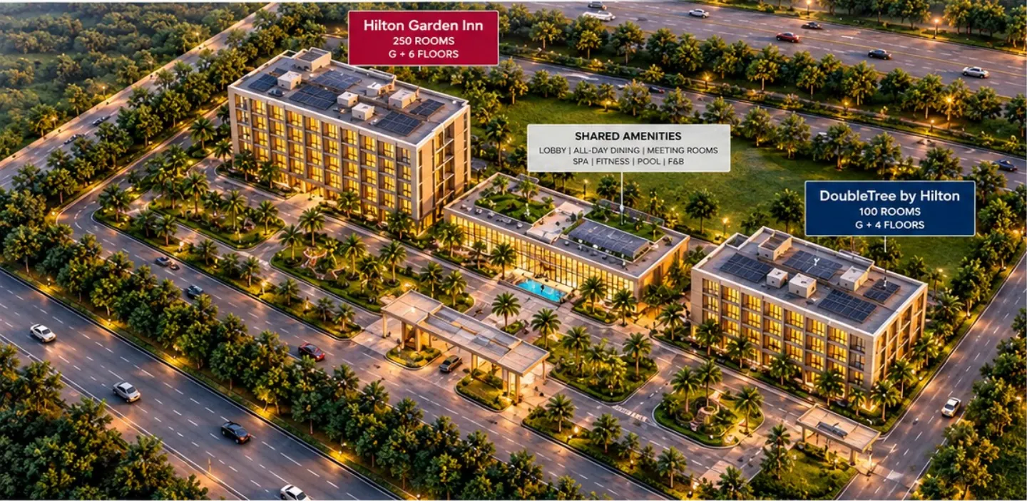 3D rendering of the two hotels and shared amenities