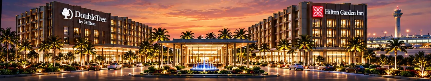 Night rendering of DoubleTree by Hilton and Hilton Garden Inn with a shared porte-cochère