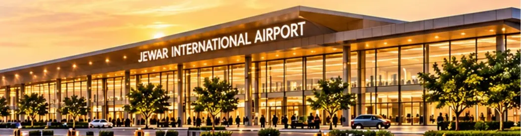 Airport terminal at sunset