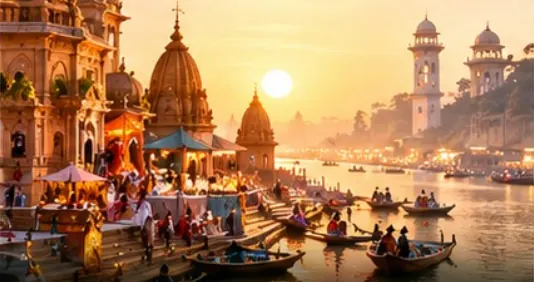 Temples and ghats along a river at sunrise