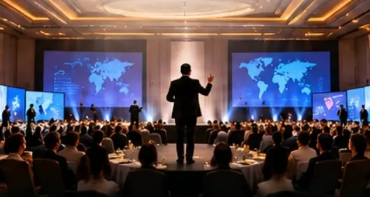 A speaker addressing a large conference