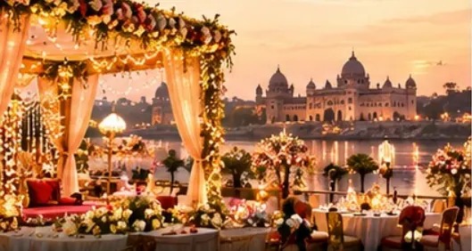 A destination wedding set against a palace