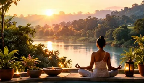 Yoga by a river at sunset
