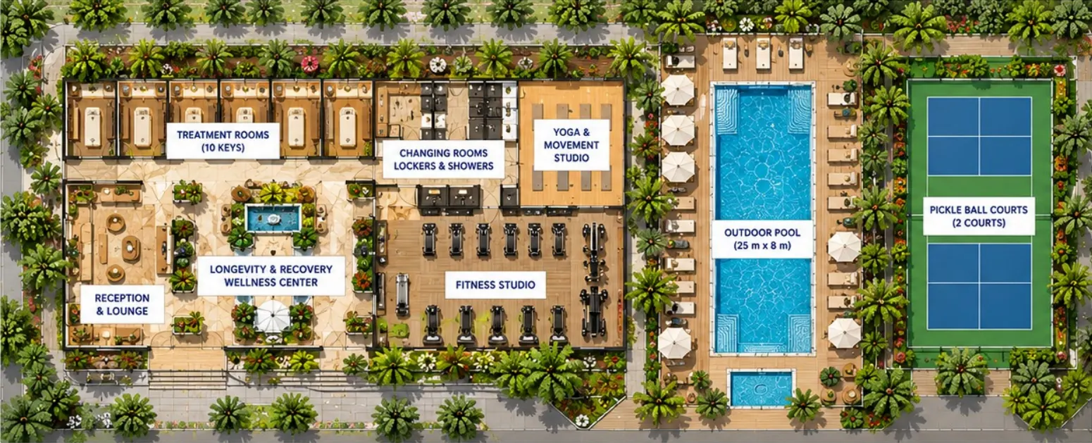 Plan of the wellness hub with pool and pickleball courts